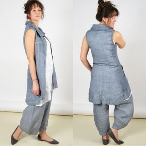 Inizio Linen Sleeveless Zip Up A Line Lagenlook Long Line Tunic Vest